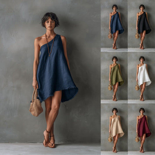 Women's Minimalist Linen Blend Shoulder Sleeveless Frayed Dress