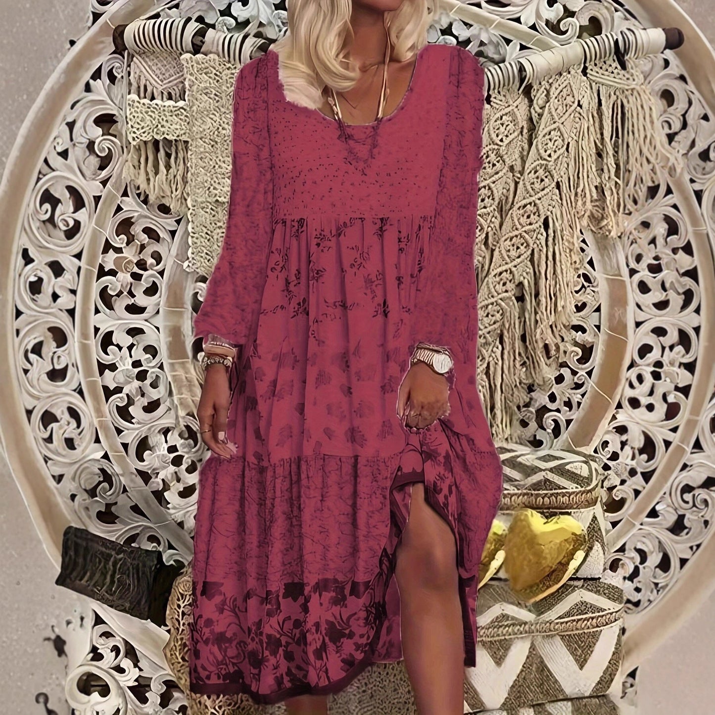 Casual Women's Long-sleeved Printed Round Neck Dress