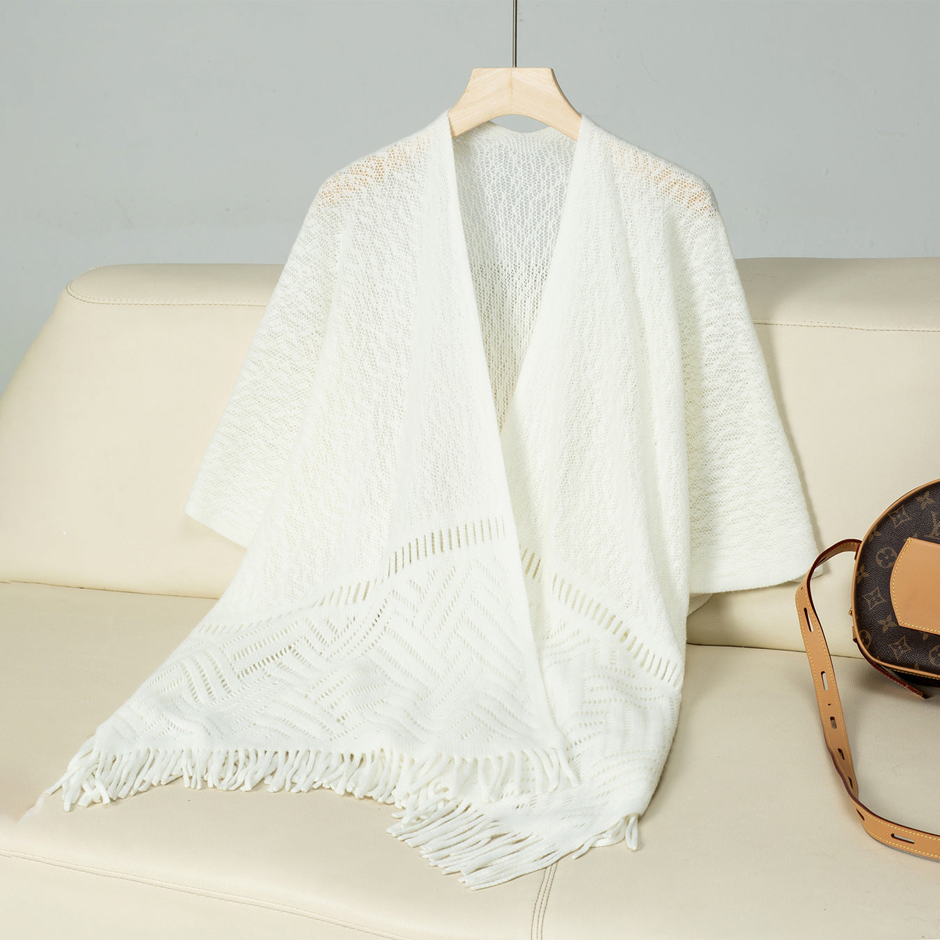 Women's Solid Color Knitted Tassel Cape Shawl Casual Women's Sweater