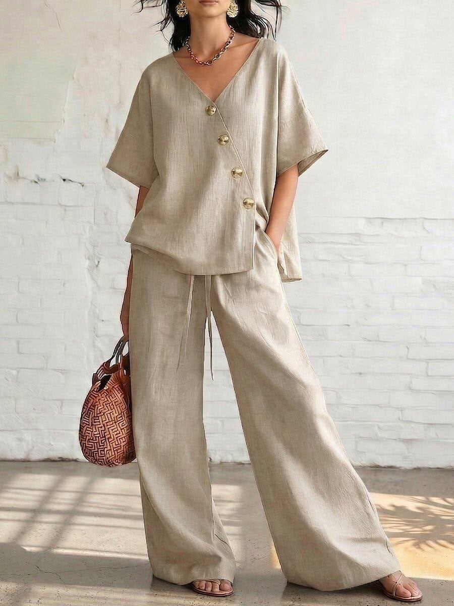 Women's Solid Color Loose Short-sleeved Drawstring Trousers Suits