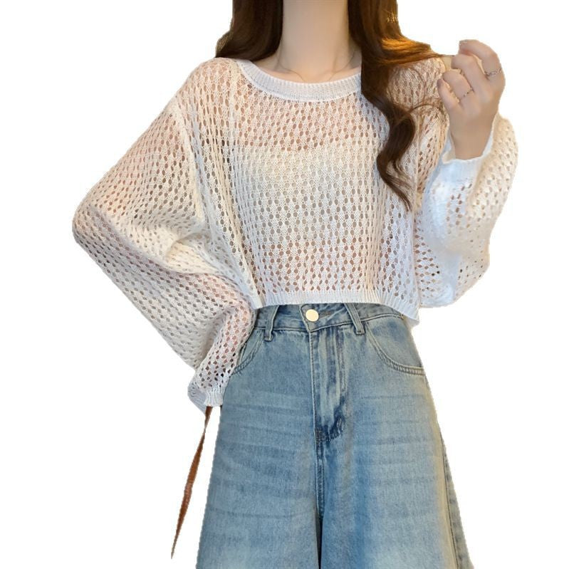Women's Cutout Summer Tulle Mesh Candy Color Sweet Round Women's Sweater