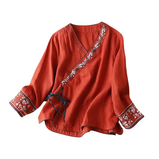 Women's Cotton Linen Diagonal Embroidered Artistic Retro Loose Improved Blouses