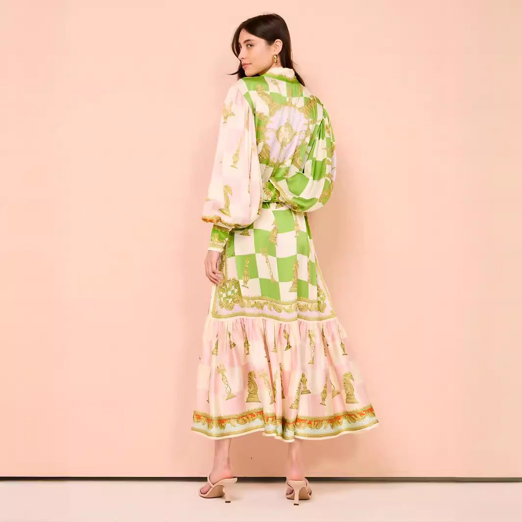 Single-breasted Long Lantern Sleeve Iti Printing Dresses