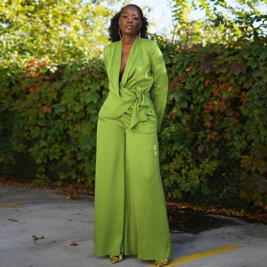 Women's Solid Color Collar Tup Wide Leg Suits
