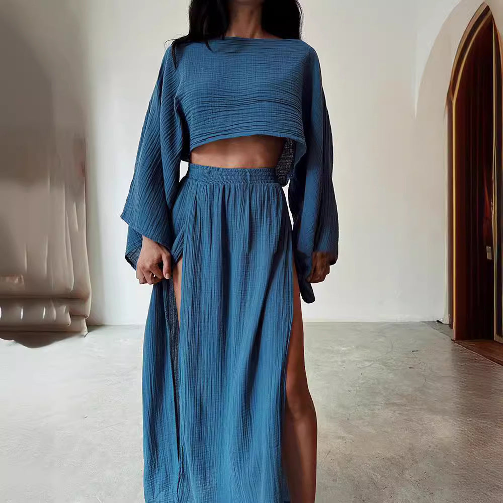 Blend High Waist Chic Slit Cotton Suits