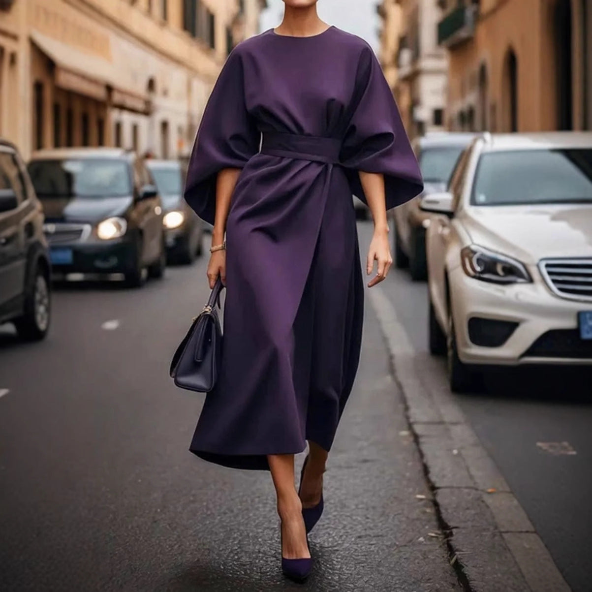 Women's Fashion Elegant Solid Color Waist Tight Casual Dolman Sleeve Dress