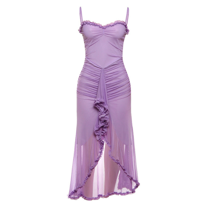 Women's Backless Mesh Suspender Dress Solid Color Dresses