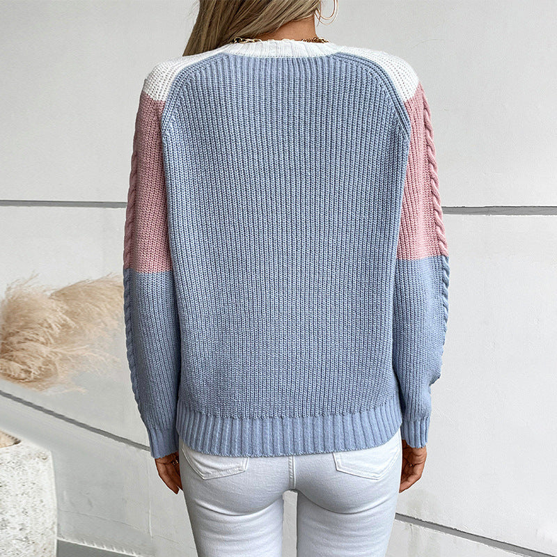 Women's Contrast Color Twisted Retro Loose Pullover Sweater