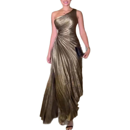 Women's Sexy Pleated Sloping Shoulder Dress Sleeveless Dresses