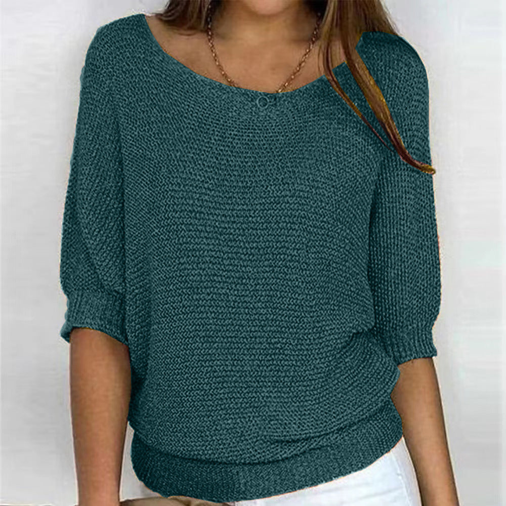 Women's Color Round Neck Commuter Elegant Cropped Sleeves For Air Conditioned Women's Sweater