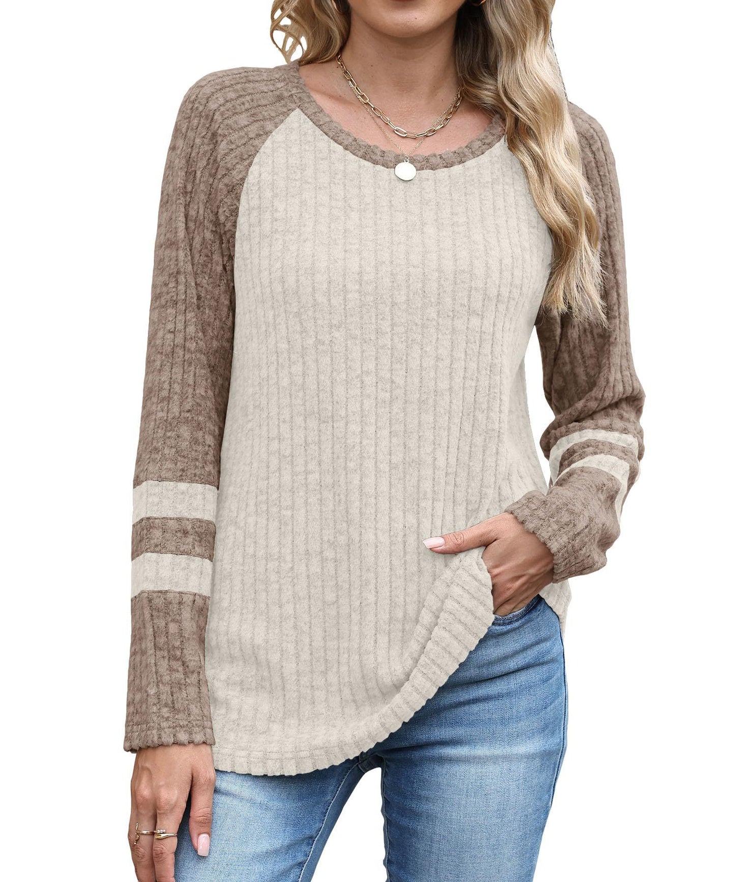 Women's Autumn Fashion Long Sleeve Contrast Color Round Neck Bottoming Sweater