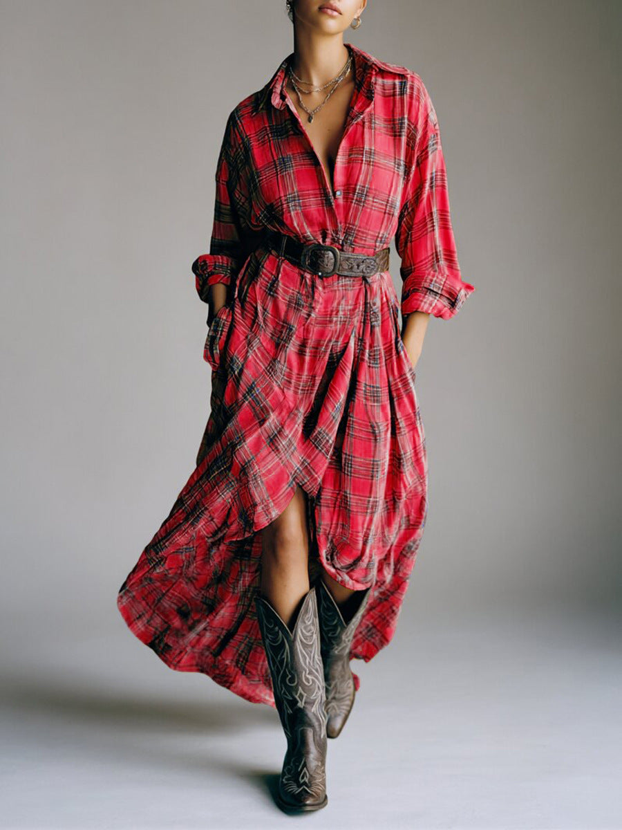 Retro Long Sleeve Plaid Shirtdress Fashion Loose Leisure Dress