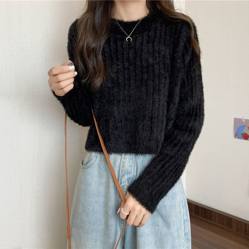 Women's Korean Style Mink Solid Color Sweet Graceful Pullover Women's Sweater