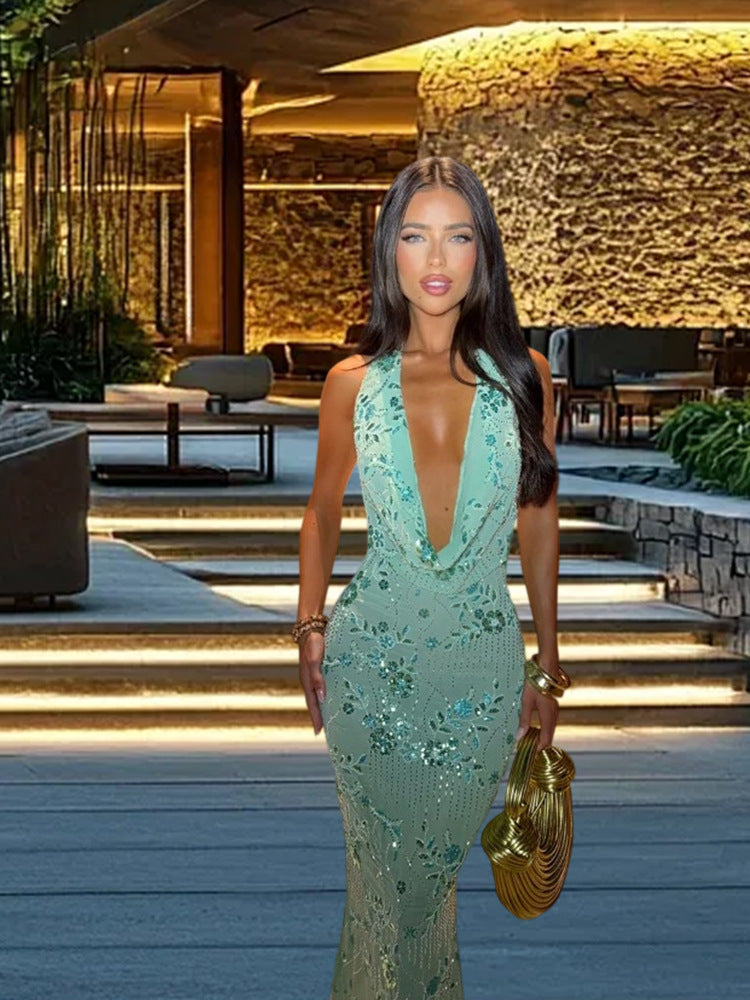 Elegant Halter Dress Sequin Beaded Bare Dresses