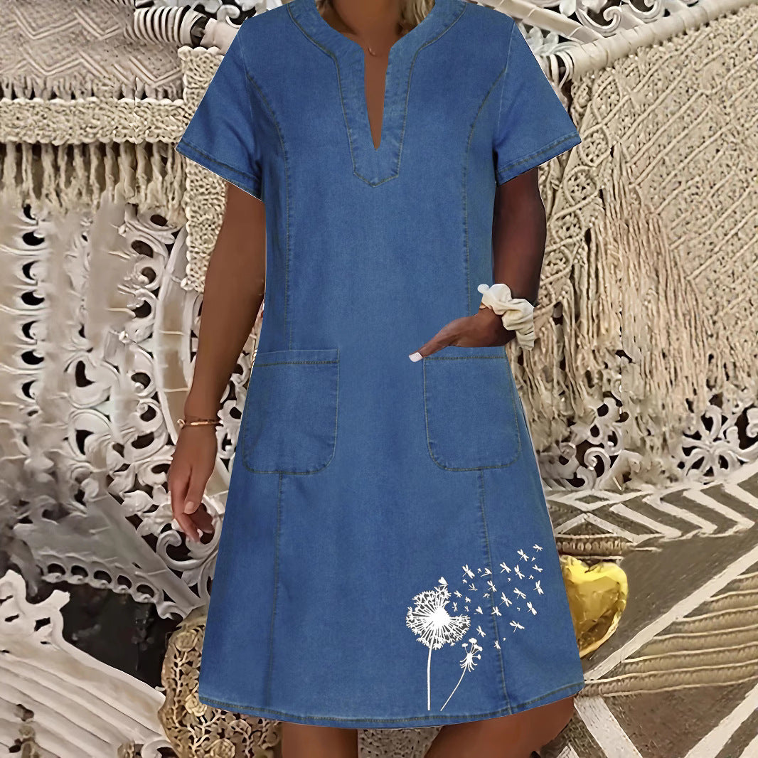 Women's Denim Dress Dark Blue Thin Pocket Dresses