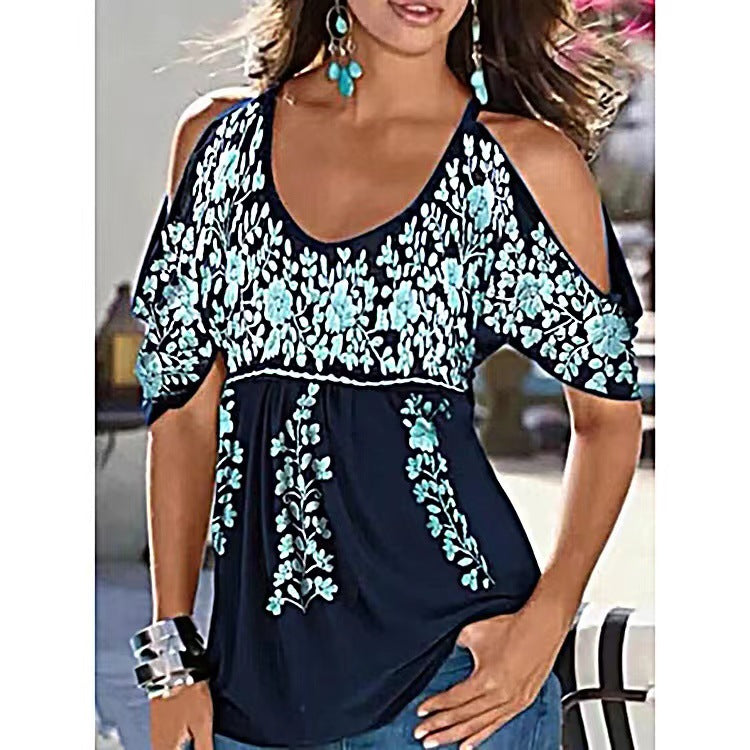 Women's Summer Loose Pleating Printed Sleeve T-shirt Blouses