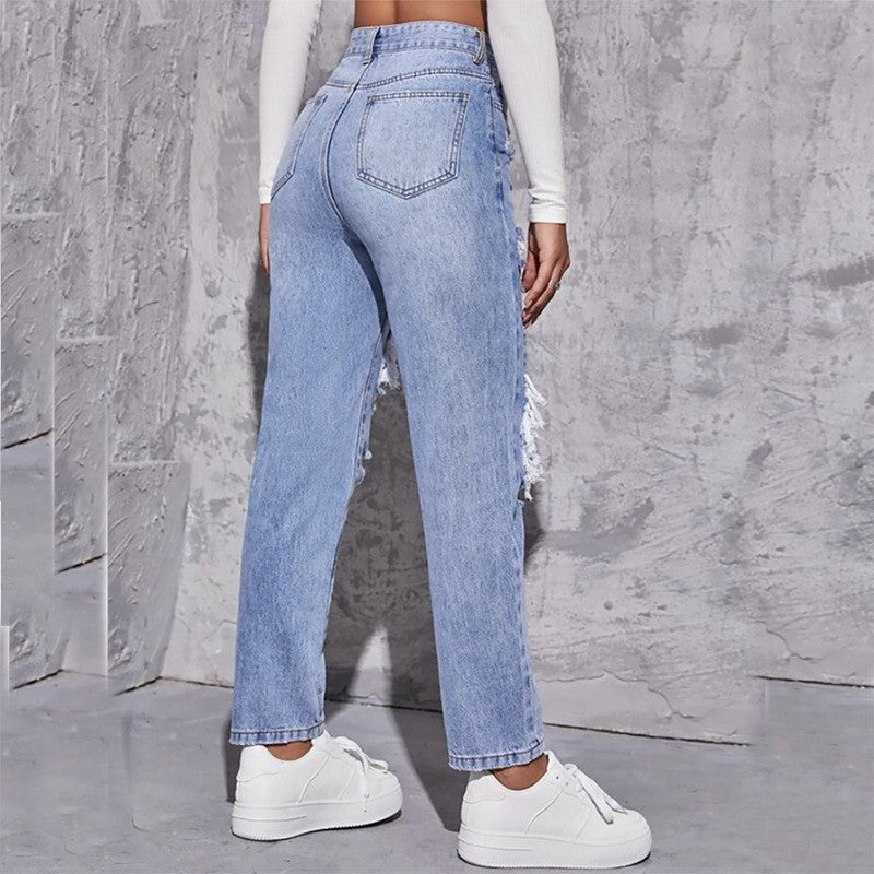 Women's Ripped Washed High Waist Straight Jeans