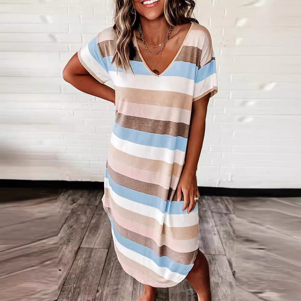 Women's Summer Loose Striped Printed Sleeve Long Dress