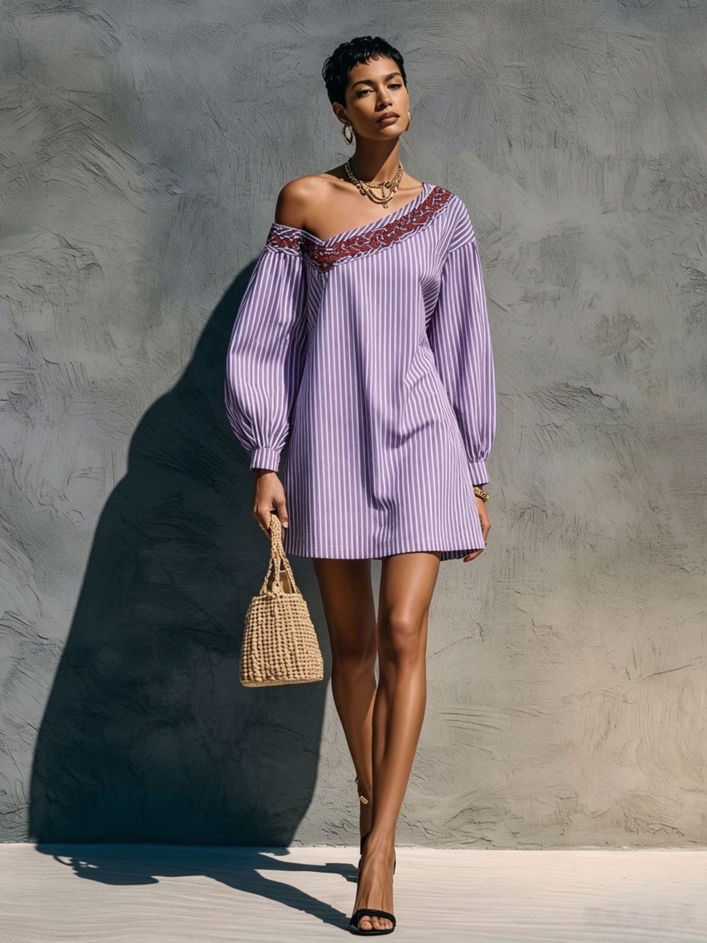 Women's Striped Long Sleeve Embroidered Minimalist Mini Dress
