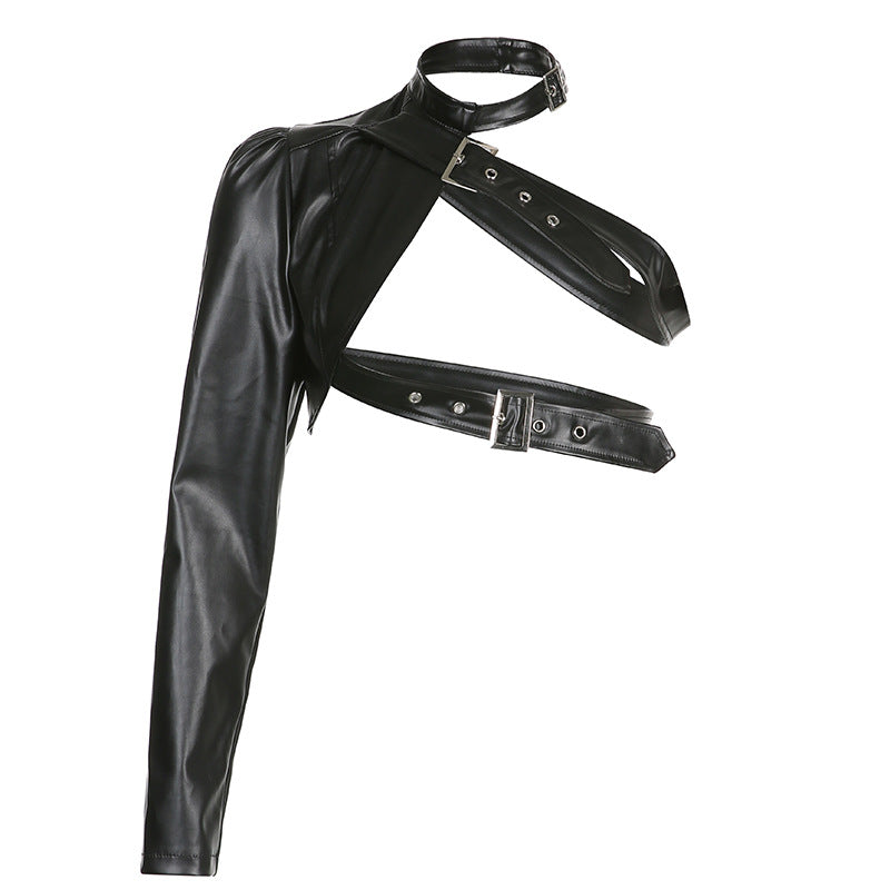 Women's Handsome Irregular Metal Buckle Halter Leather Clothing