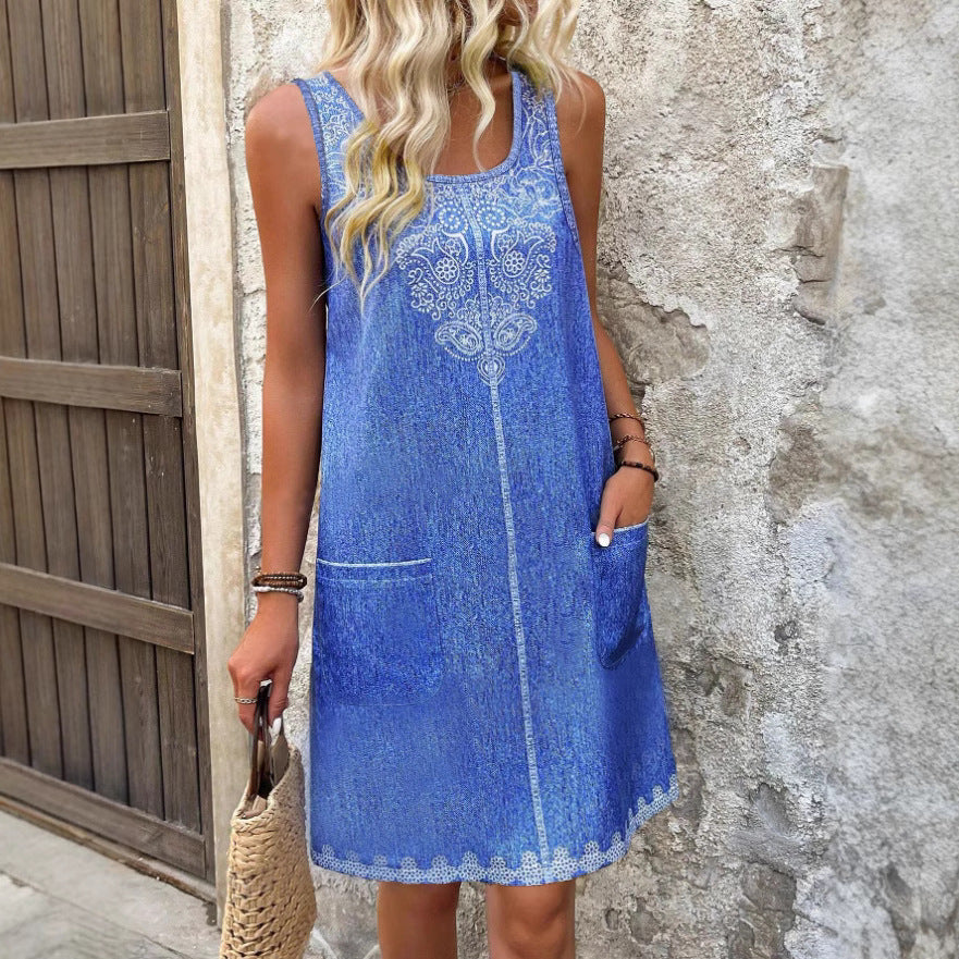 Women's Style Embroidered Sleeveless Large Pocket A- Line Summer Dress