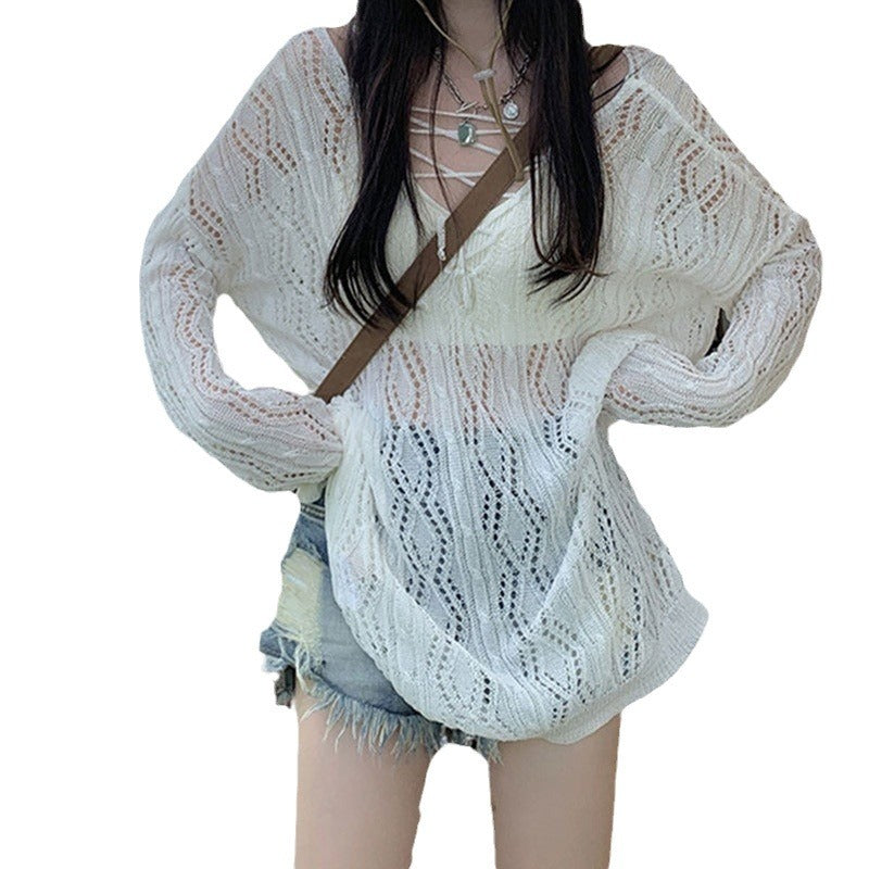 Women's Backless Knitted Long Sleeve Beach Sexy Style Tops