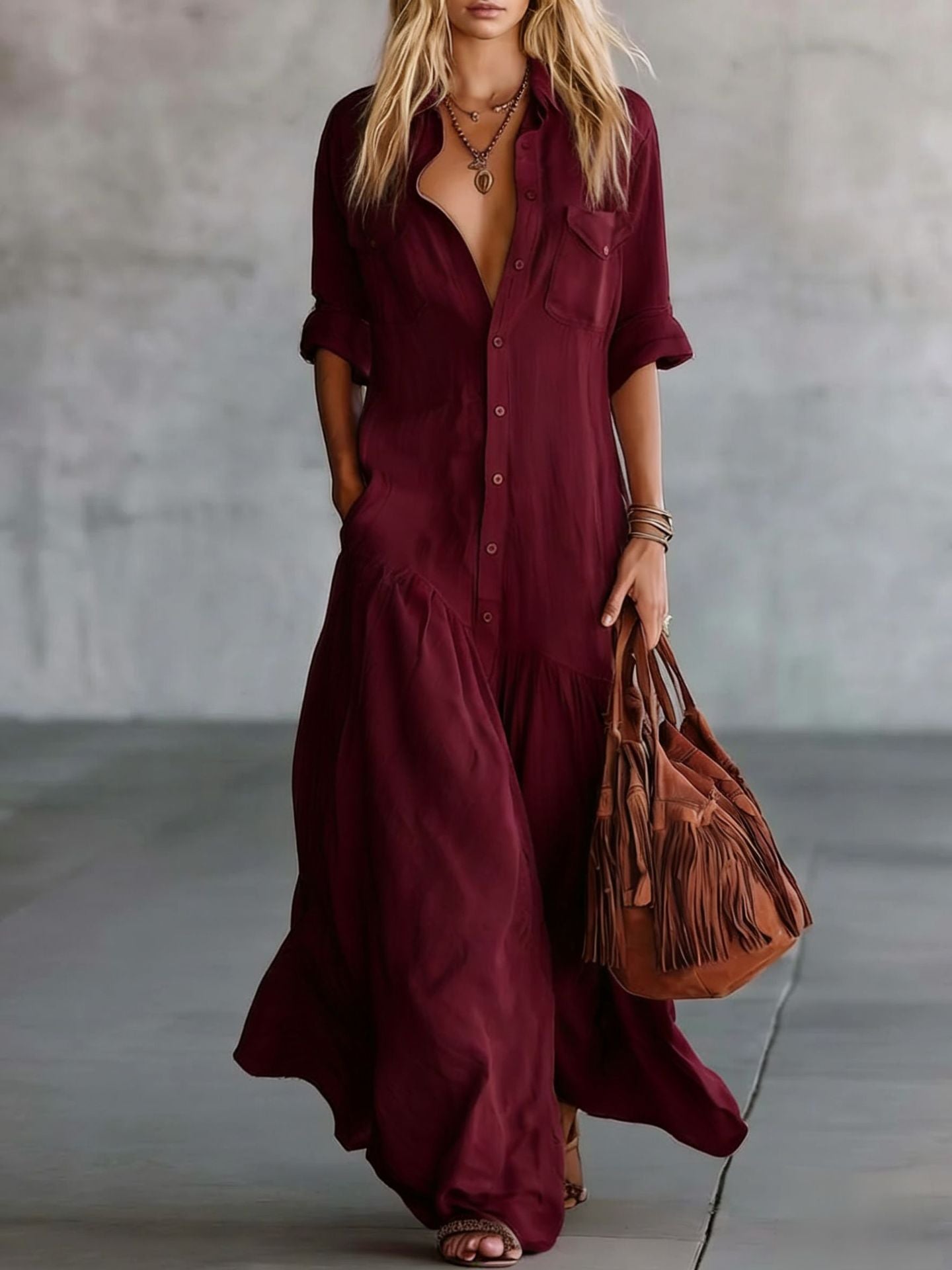 Long Shirt Collar Button Fashion Patchwork Dress