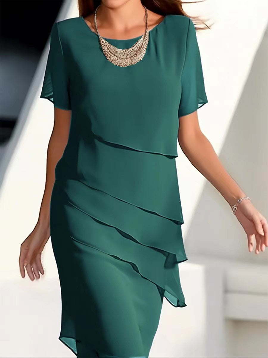 Women's Solid Color Sleeve Glitter Ruffles Crew Neck Dress