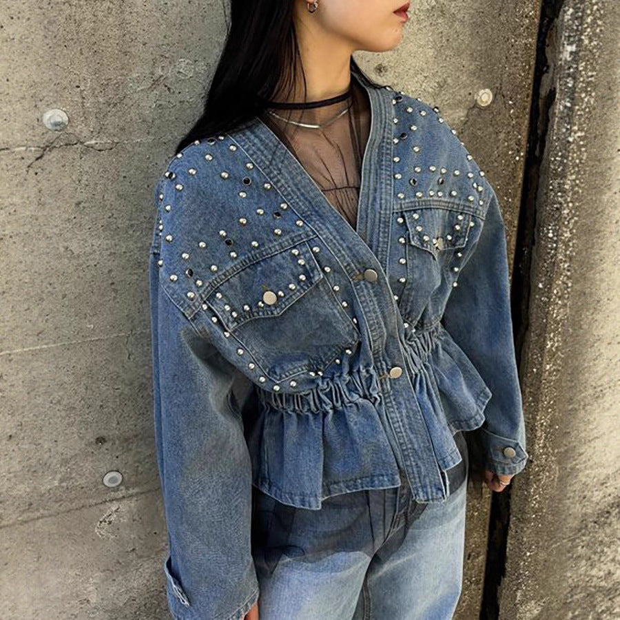 Women's Russian Diamond Beaded Loose Denim Long-sleeved Jackets