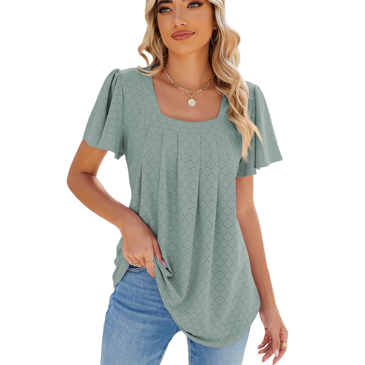 Women's Solid Color Square Collar Pleated Sleeves Blouses