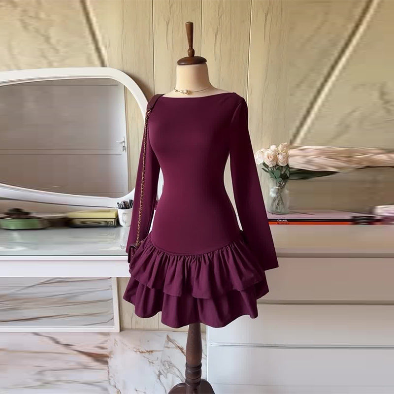Women's Autumn French Ruffled Red Slimming Dress Dresses