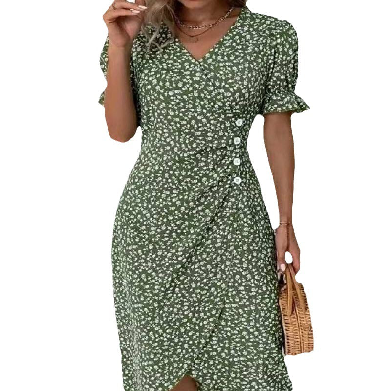Women's Collar Floral Hem Irregular Pattern Print Dress