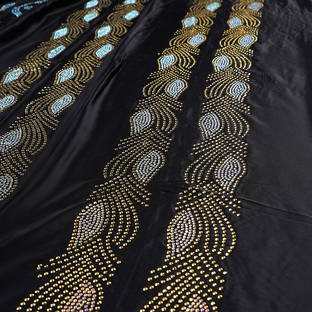 Women's African Wear Dress Rhinestone Silk Satin Batwing Sleeve Long Dresses