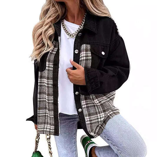 Denim Long Sleeve Plaid Button-down Shirt Jackets