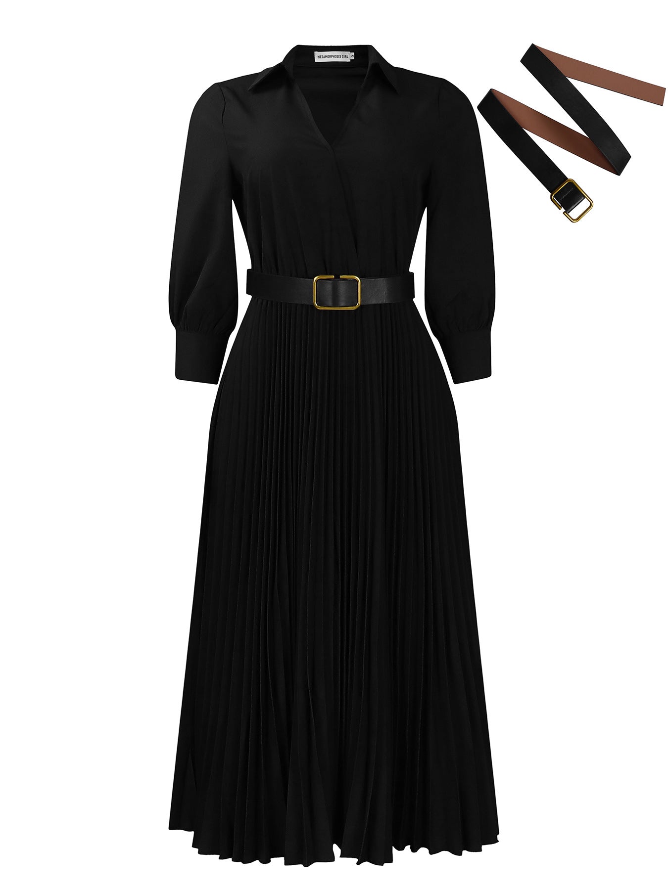 Women's Fashion Polo Collar Long Sleeve High Waist Temperament Pleated Dresses