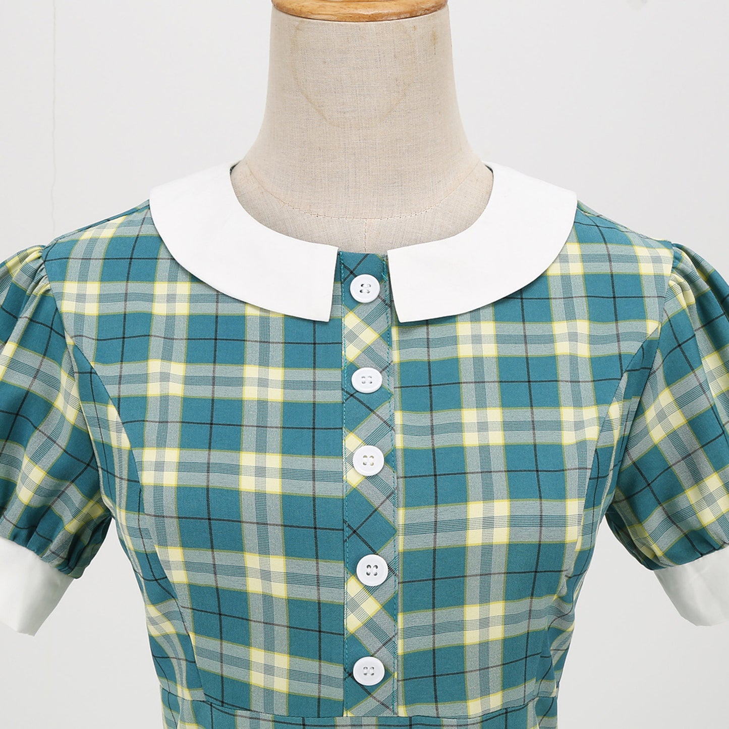 Plaid Contrast Color Peter Pan Collar Sleeve High Dresses