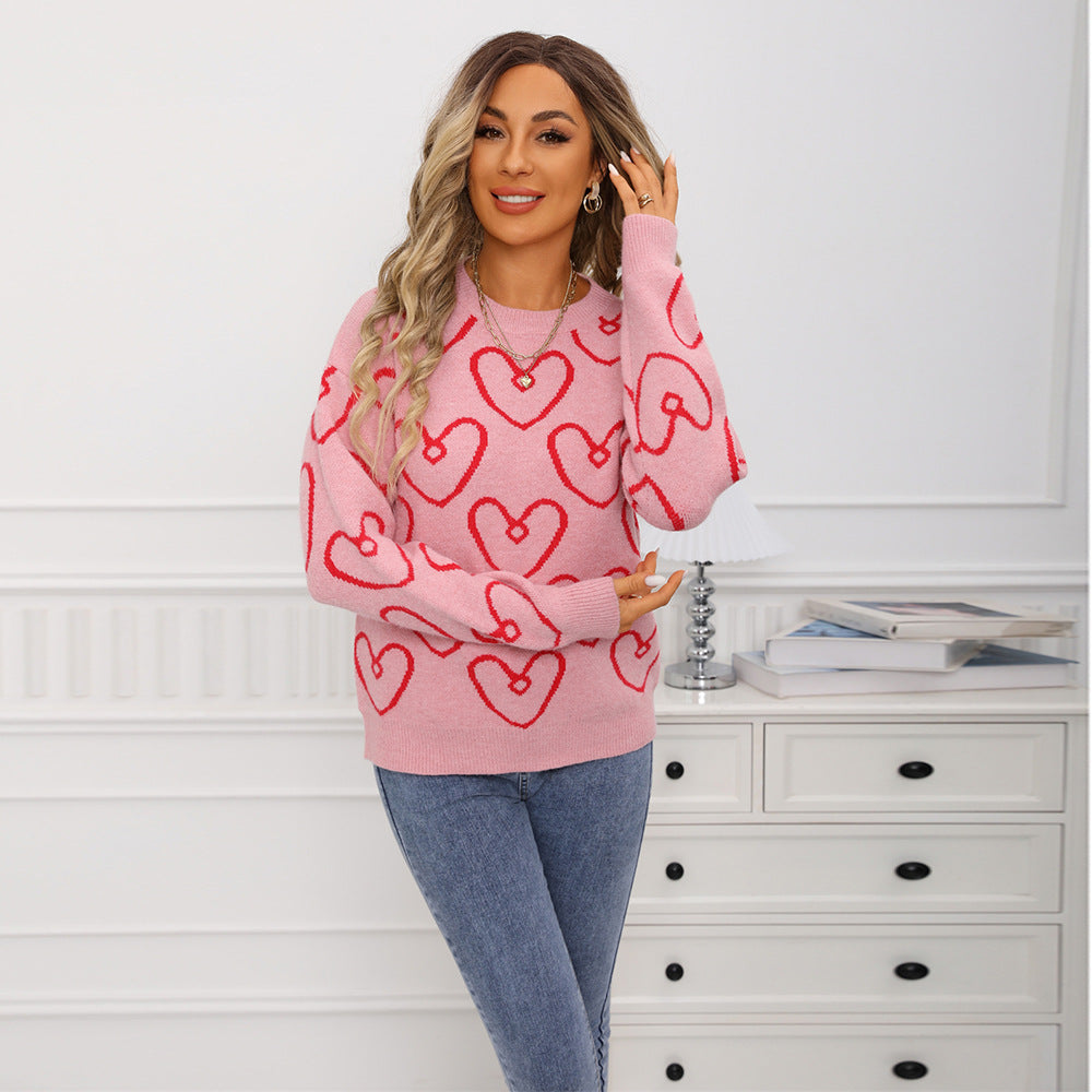 Women's Round Neck Love Contrast Color Loose Pullover Sweater