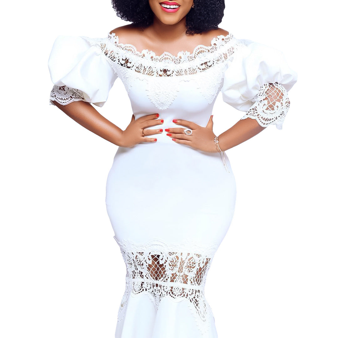 Women's Puff Sleeve Lace Stitching Banquet Fishtail Dresses