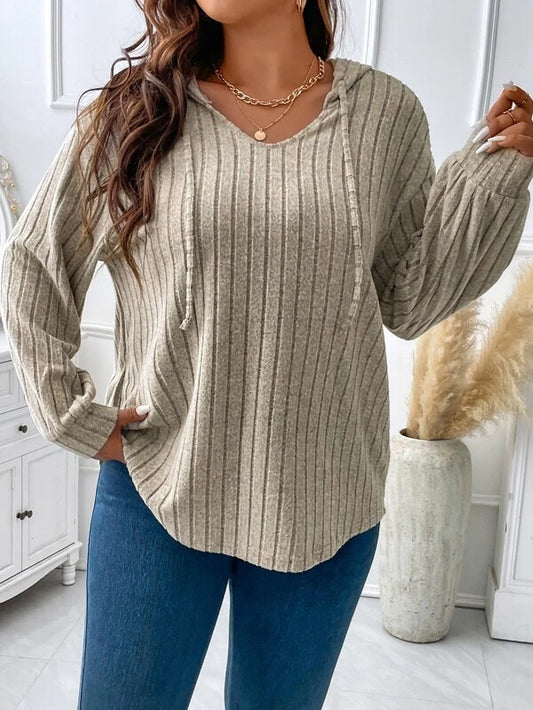 Women's Clothes Hooded Long Sleeve Sunken Stripe Blouses