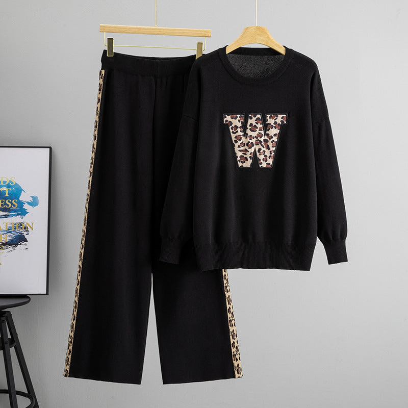 Women's Sleeve Leopard Wide Leg Classic Style Knit Suits