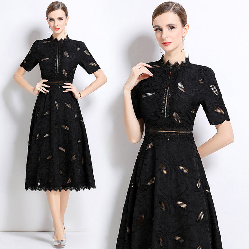 Women's French Retro Hollow Embroidered Waist Trimming Dresses
