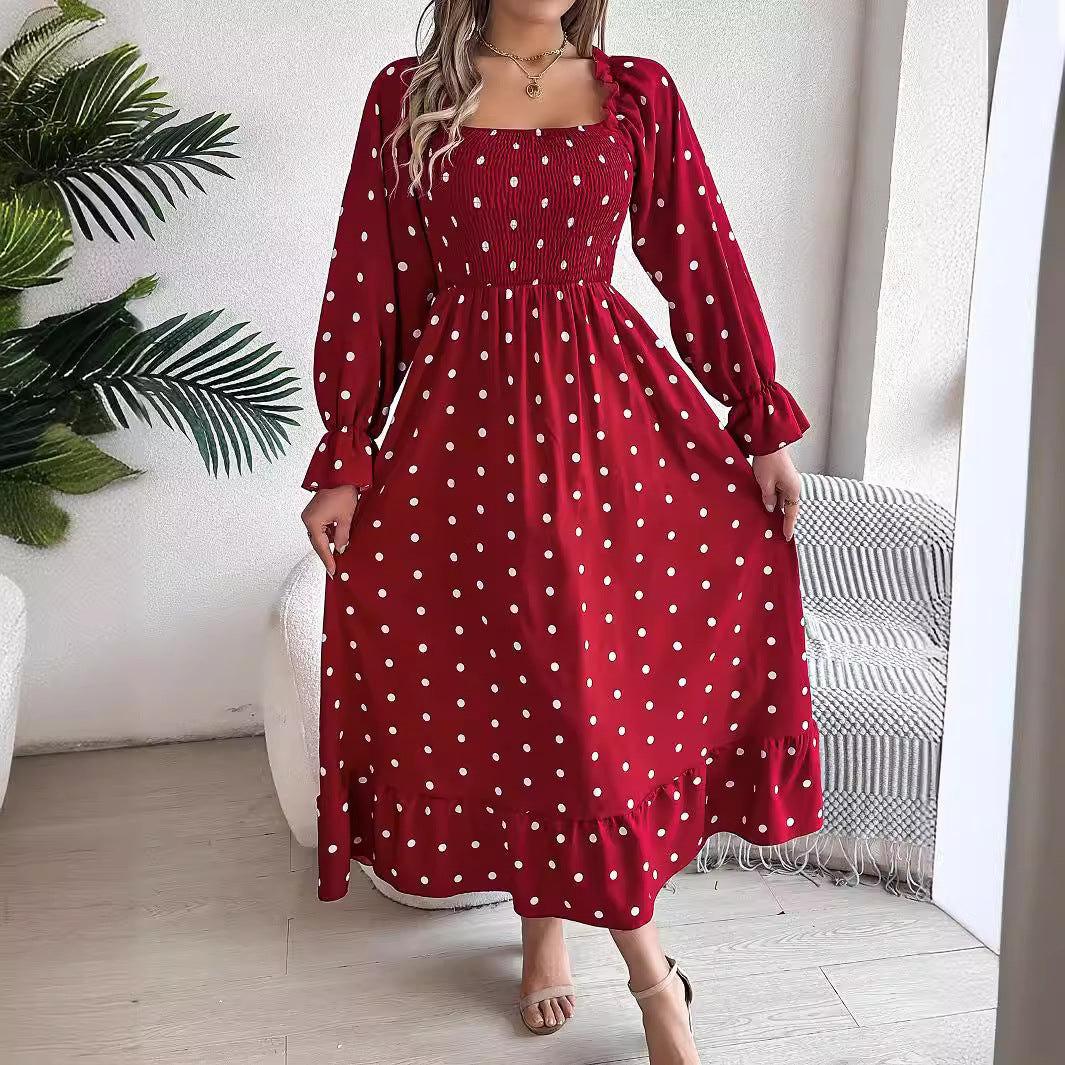 Women's Casual Wooden Ear Square Collar Polka Dot Large Dress