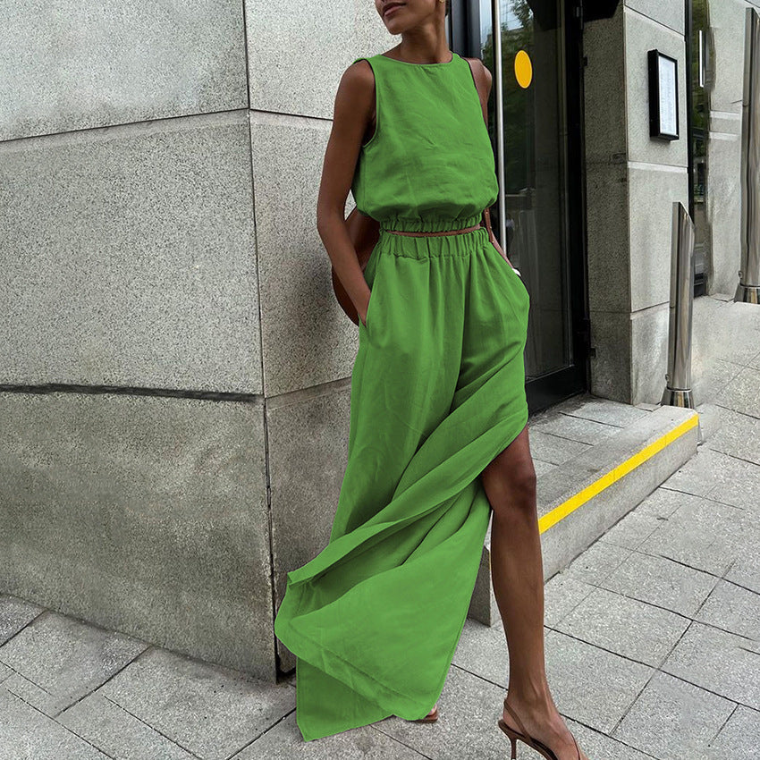 Women's Cotton Linen Solid Color Casual Split Suits