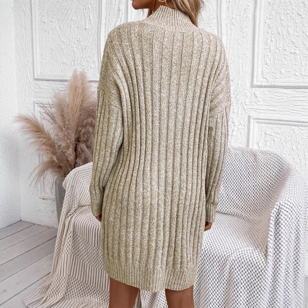 Women's Solid Color Turtleneck Long Sleeve Loose Knitted Dress Sweater