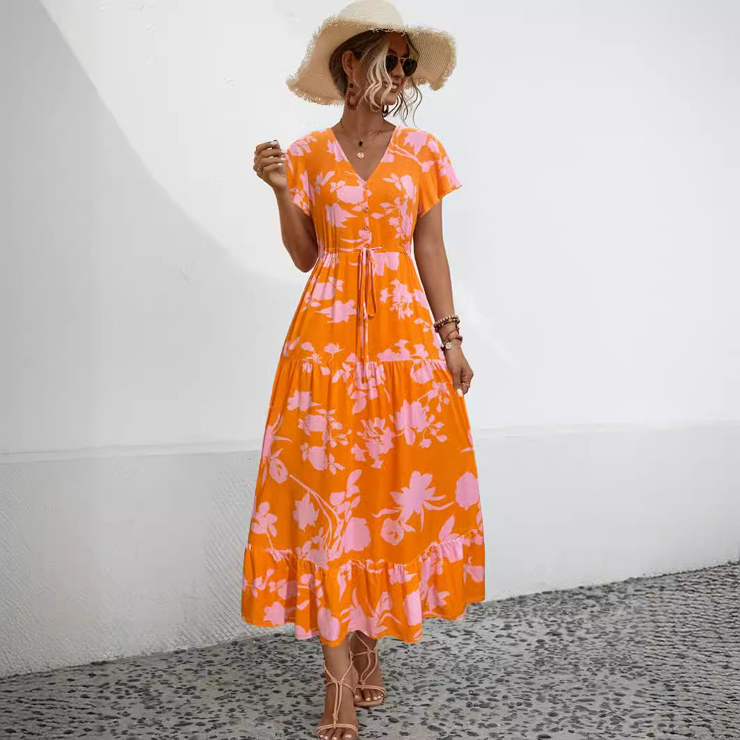 Casual Sleeve Flower Print Button Long Dress
