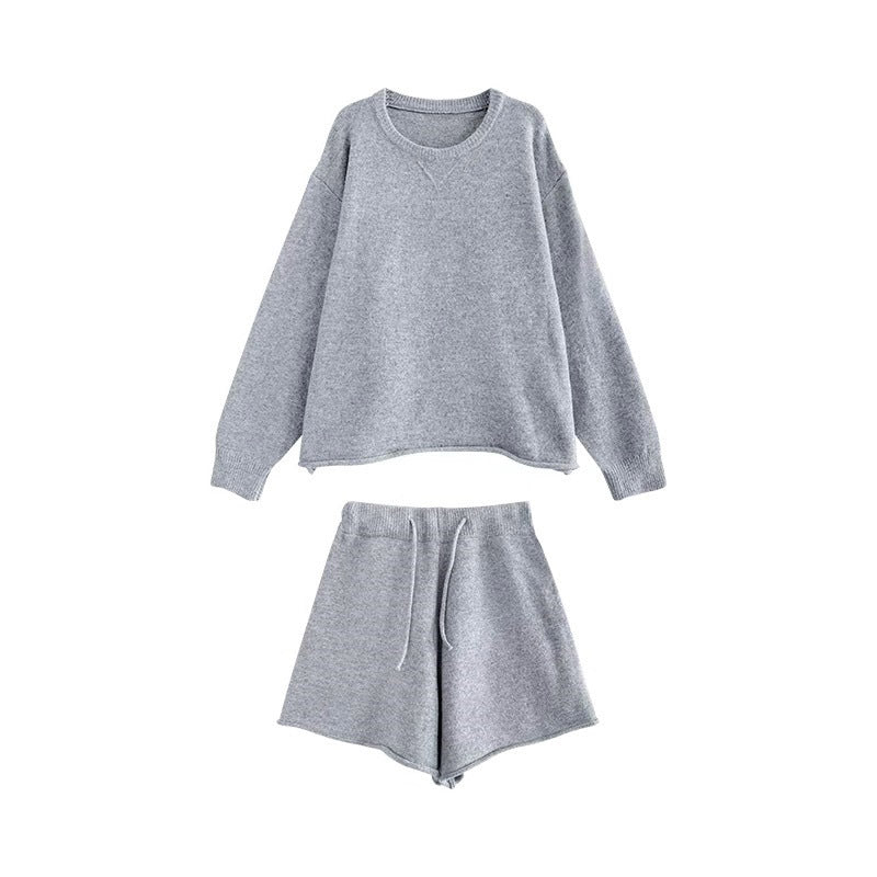 Women's Loose Idle Crew Neck Pullover Knitted Shorts
