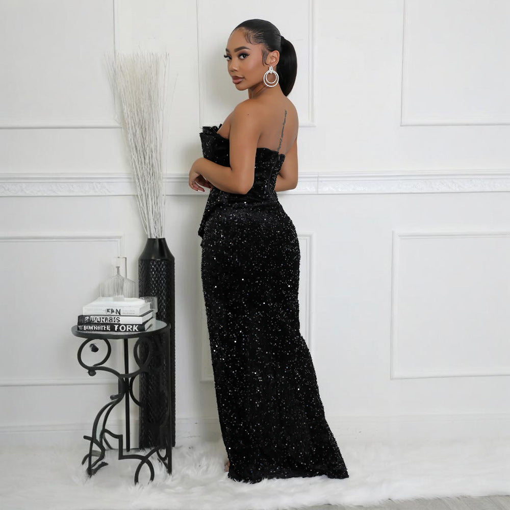 Women's Sequined Dress Sexy Tube Irregular Trailing Dresses