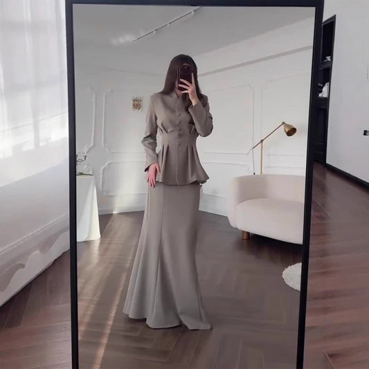 Women's Soft Solid Color Long-sleeved Long Dress Suits