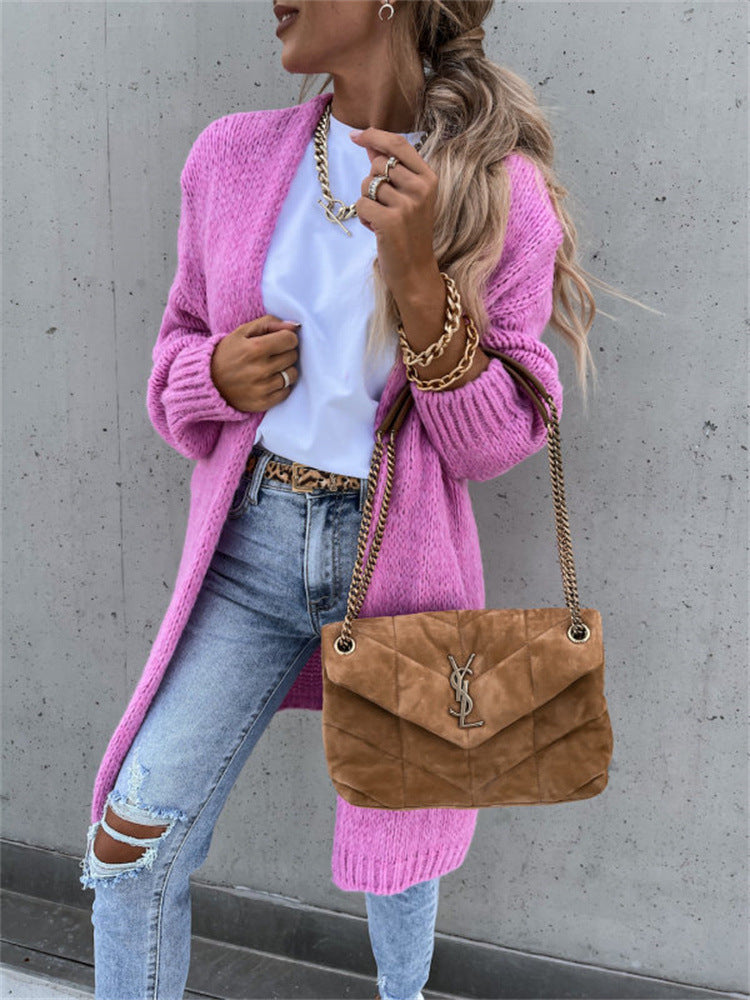 Women's Loose Knitted Mid-length Solid Color Coats