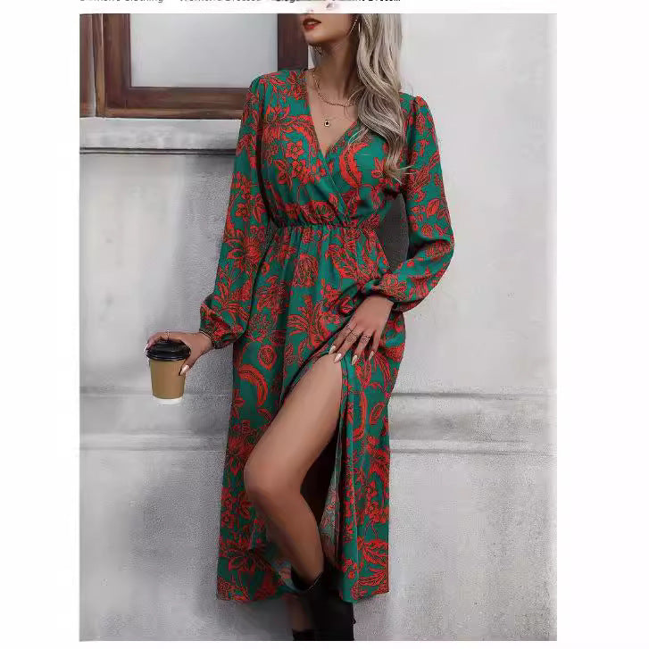 Elegant Floral Printed Slit Fashionable Long Dress
